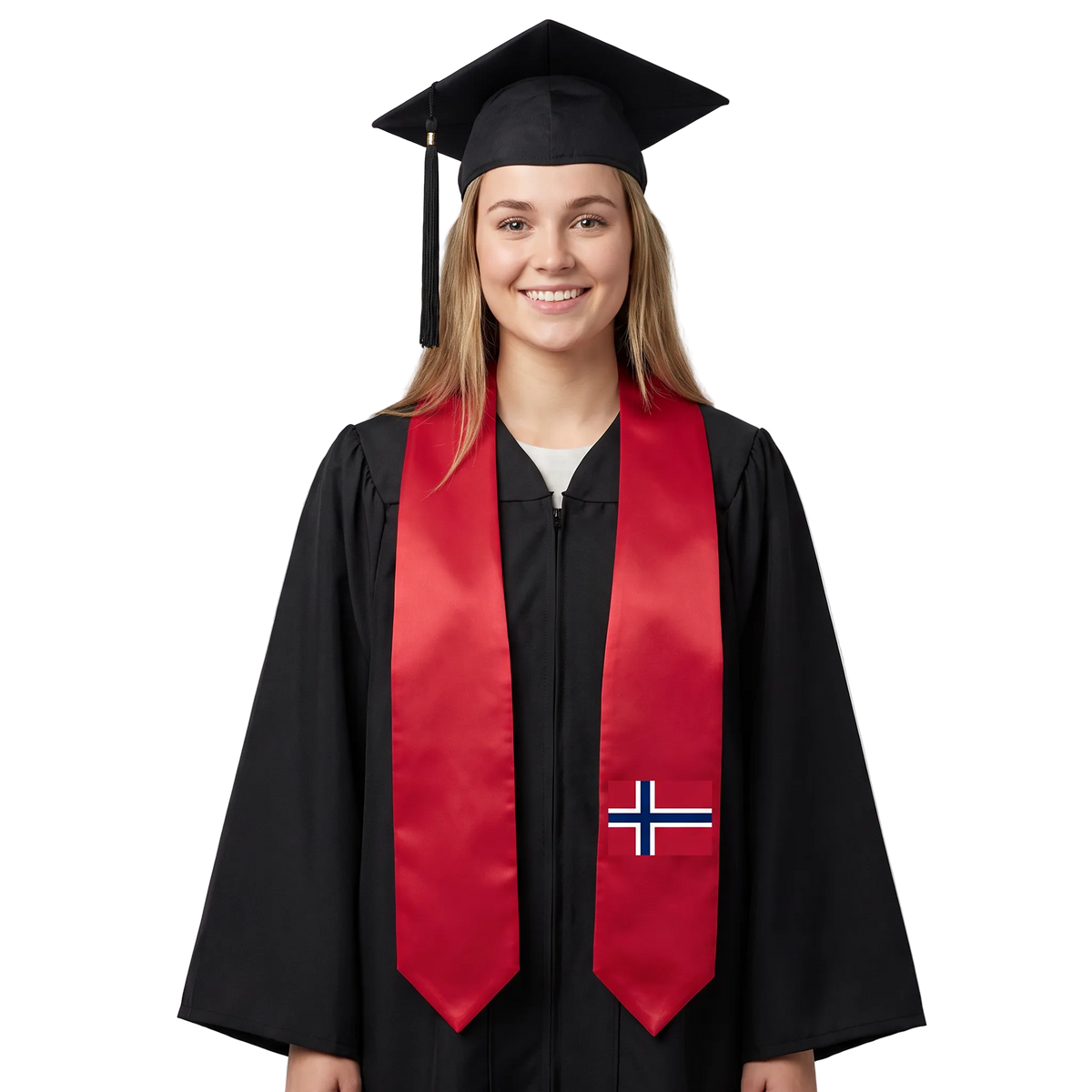 Norway graduation stole with Norwegian flag design, graduation sash worn over a graduation gown