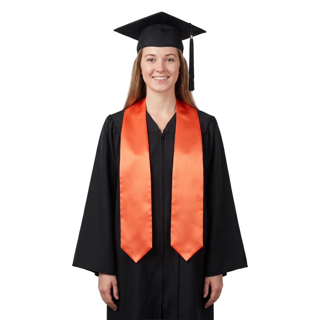 Plain orange graduation stole with pointed ends displayed on a wooden hanger against a white background.
