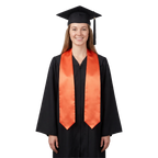 Plain orange graduation stole with pointed ends displayed on a wooden hanger against a white background.
