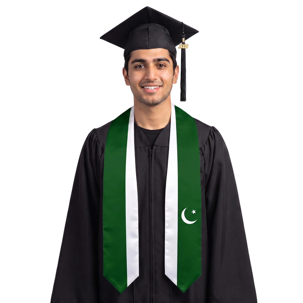Pakistan graduation stole with Pakistani flag design, graduation sash worn over a graduation gown