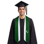 Pakistan graduation stole with Pakistani flag design, graduation sash worn over a graduation gown