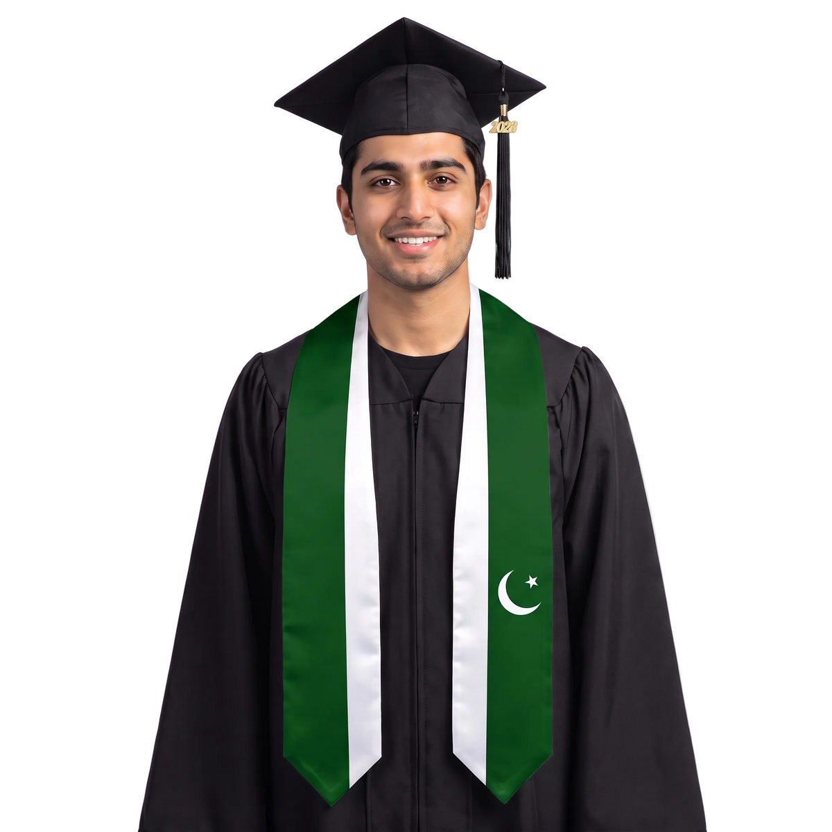 Pakistan graduation stole with Pakistani flag design, graduation sash worn over a graduation gown