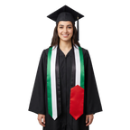 Palestine graduation stole with Palestinian flag design, graduation sash worn over a graduation gown