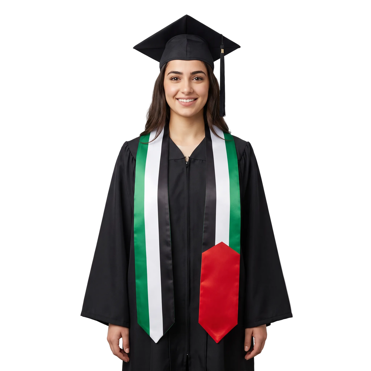 Palestine graduation stole with Palestinian flag design, graduation sash worn over a graduation gown