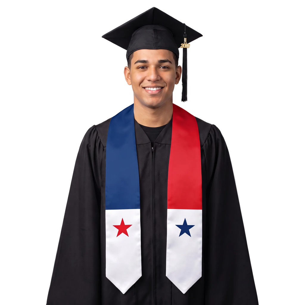 Panama graduation stole with Panamanian flag design, graduation sash worn over a graduation gown