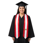Peru graduation stole with Peruvian flag design, graduation sash worn over a graduation gown