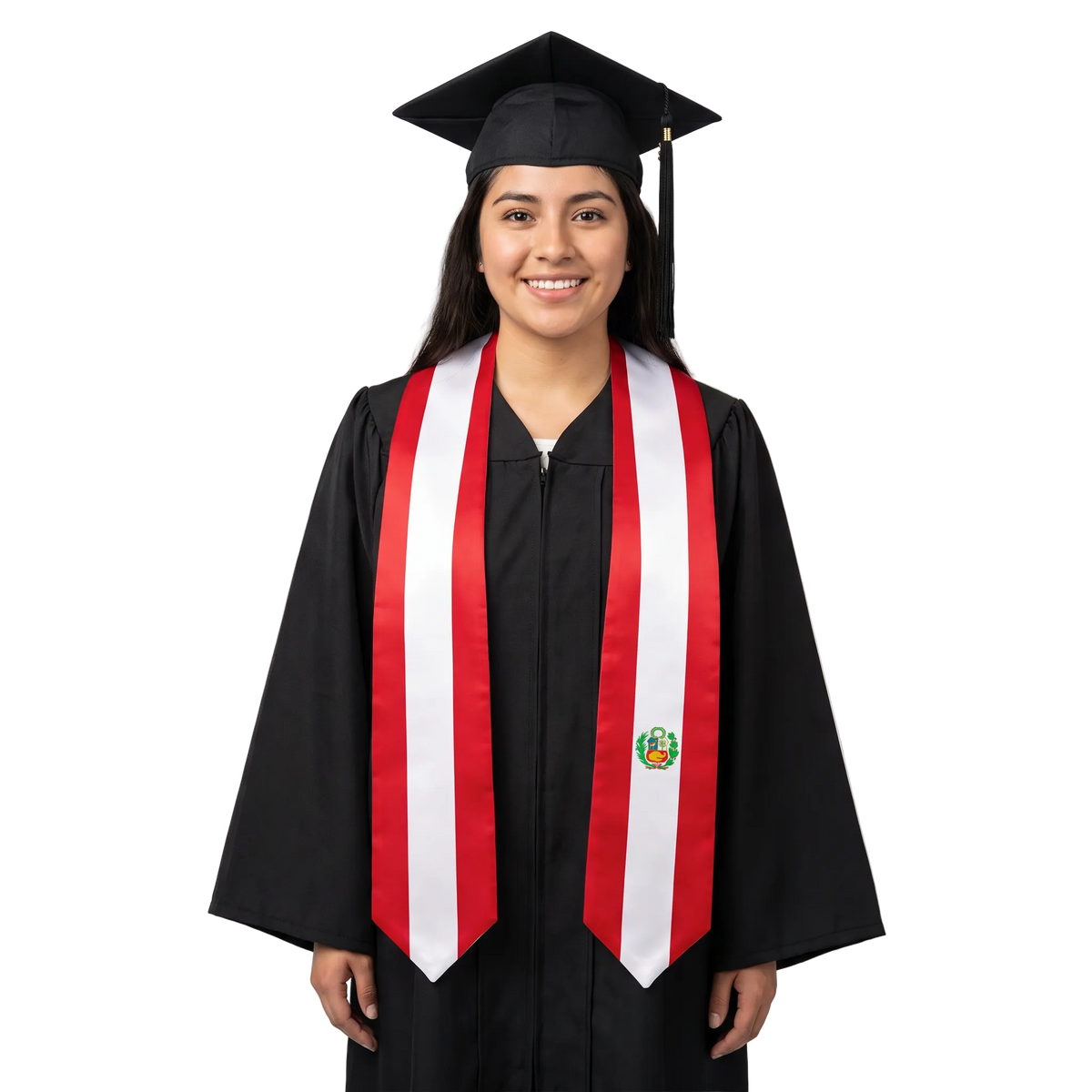 Peru graduation stole with Peruvian flag design, graduation sash worn over a graduation gown