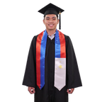 Philippines flag graduation stole with red and blue vertical panels, a white panel featuring a yellow sun and three stars on one side, and pointed ends.
