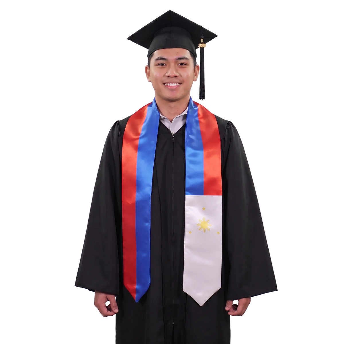 Philippines flag graduation stole with red and blue vertical panels, a white panel featuring a yellow sun and three stars on one side, and pointed ends.
