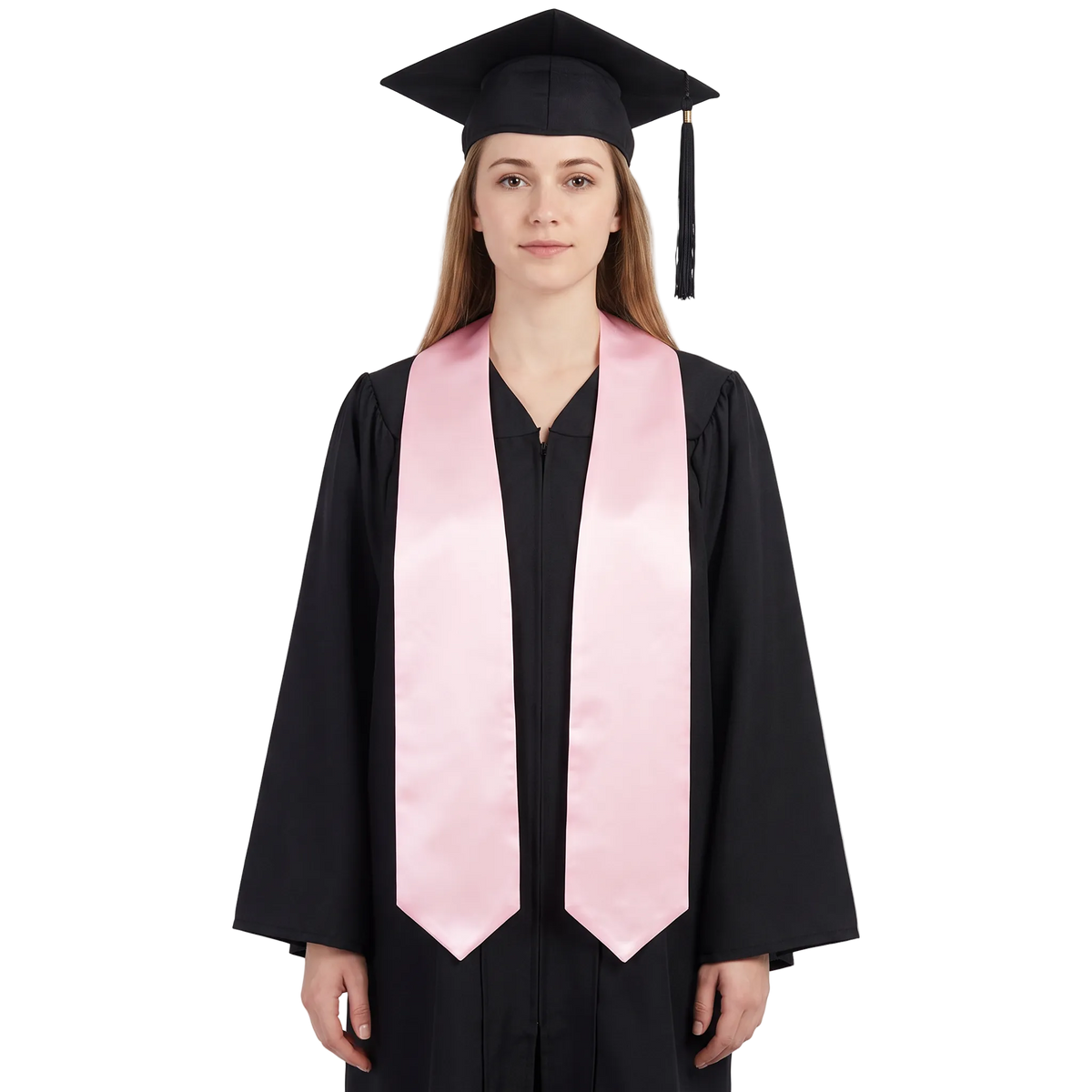 Plain pink graduation stole with pointed ends displayed on a wooden hanger against a white background.
