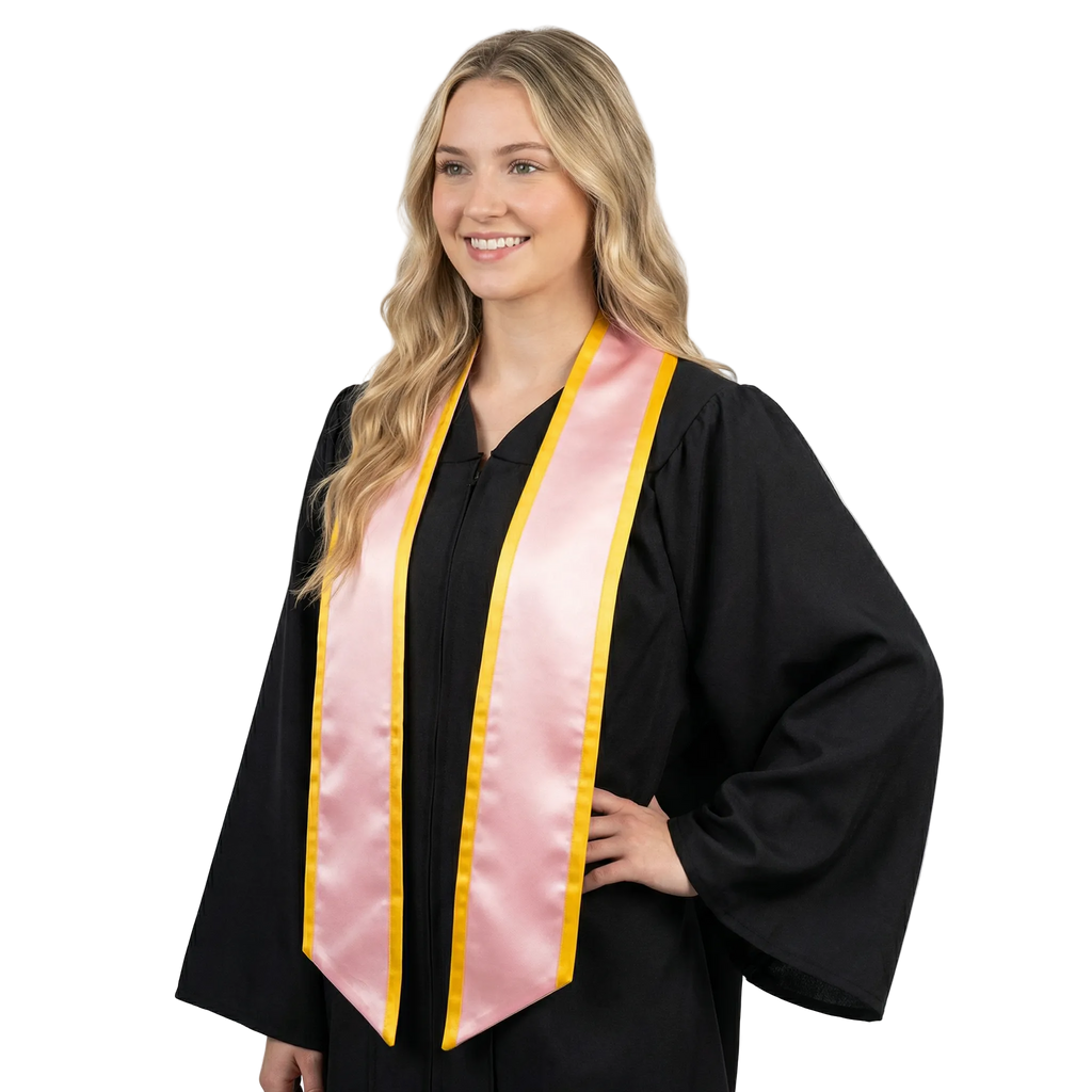 Pink graduation stole with gold trim along the edges and slanted ends, shown in a front view.