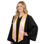 Pink graduation stole with gold trim along the edges and slanted ends, shown in a front view.