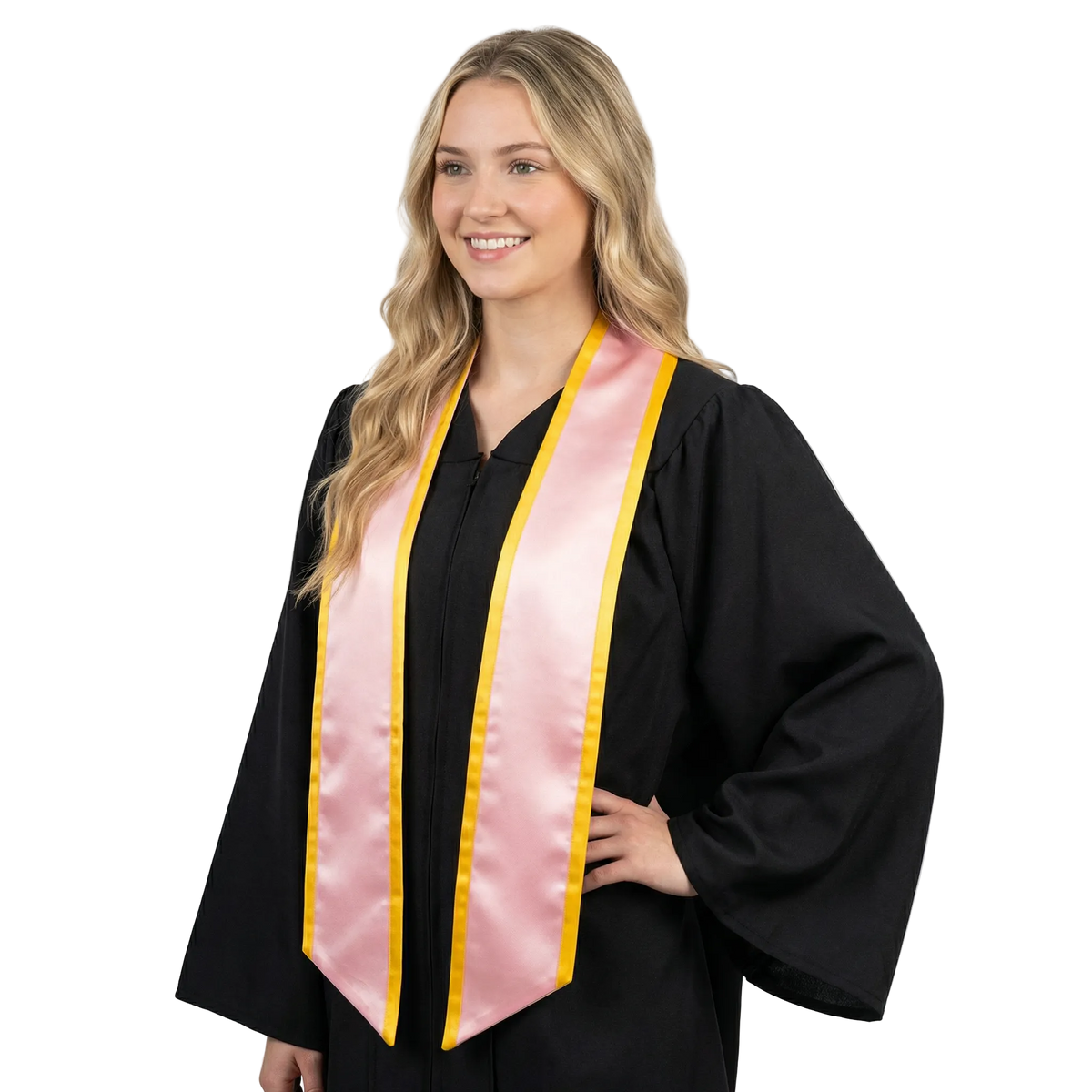 Pink graduation stole with gold trim along the edges and slanted ends, shown in a front view.