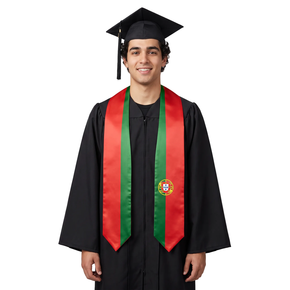 Portugal graduation stole with Portuguese flag design, graduation sash worn over a graduation gown