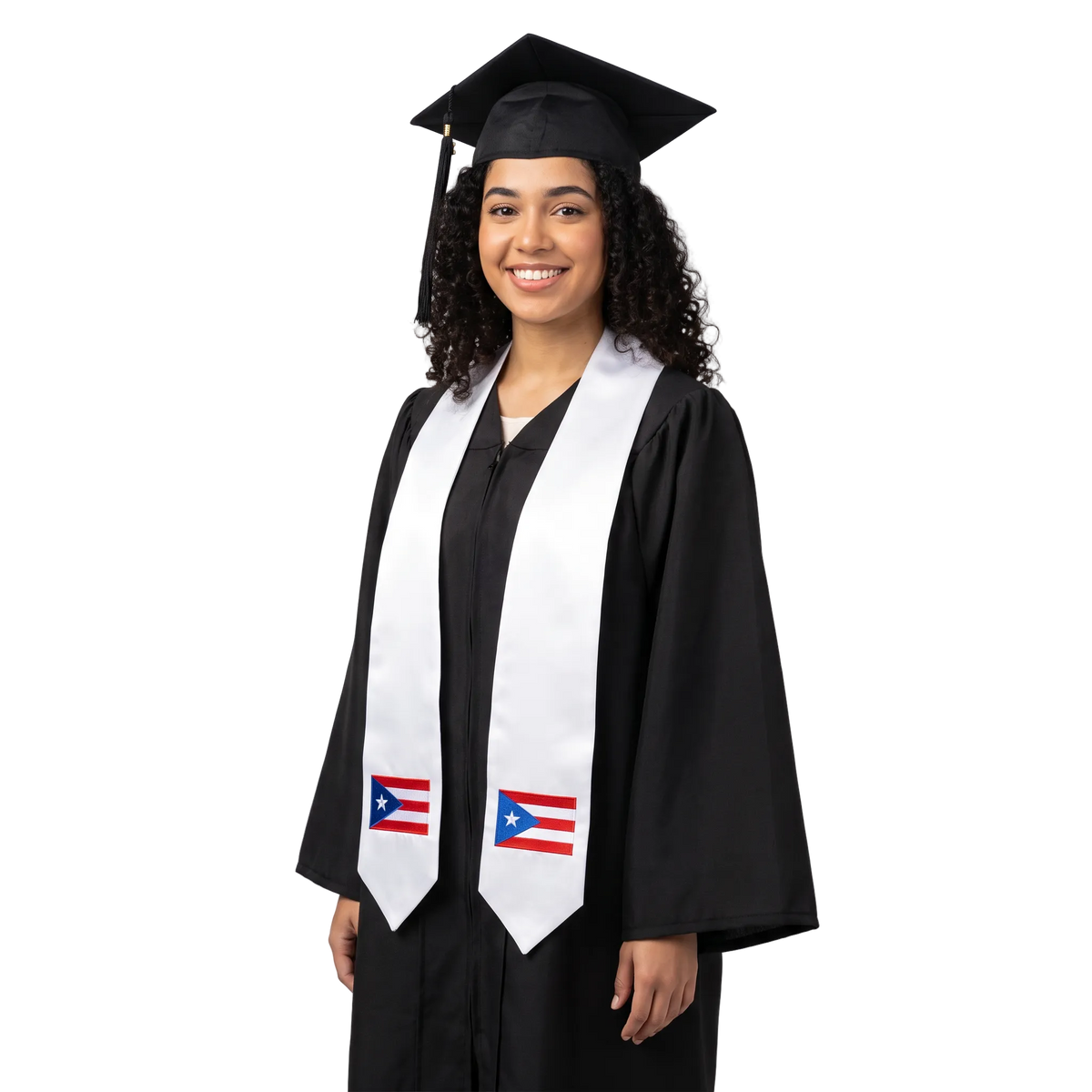 Puerto Rico embroidered flag patch graduation stole, Puerto Rican flag patch sash worn over a graduation gown