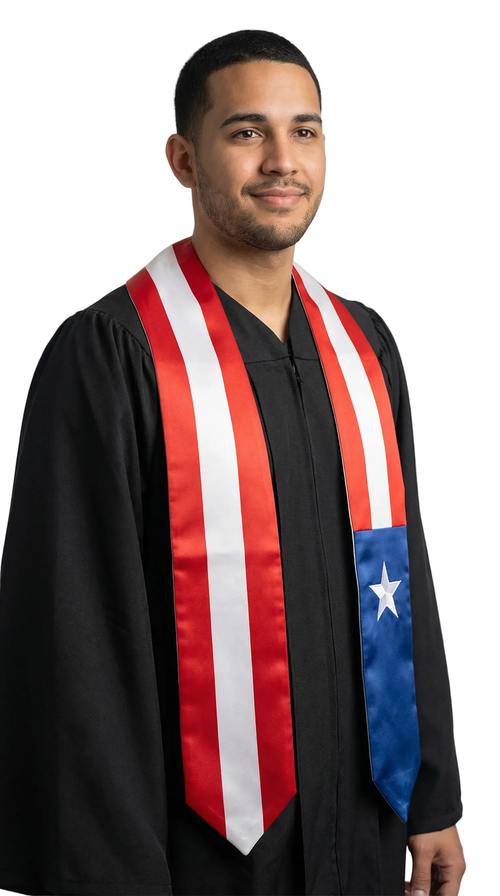Puerto Rico graduation stole with Puerto Rican flag design, graduation sash worn over a graduation gown
