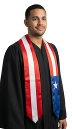 Puerto Rico graduation stole with Puerto Rican flag design, graduation sash worn over a graduation gown