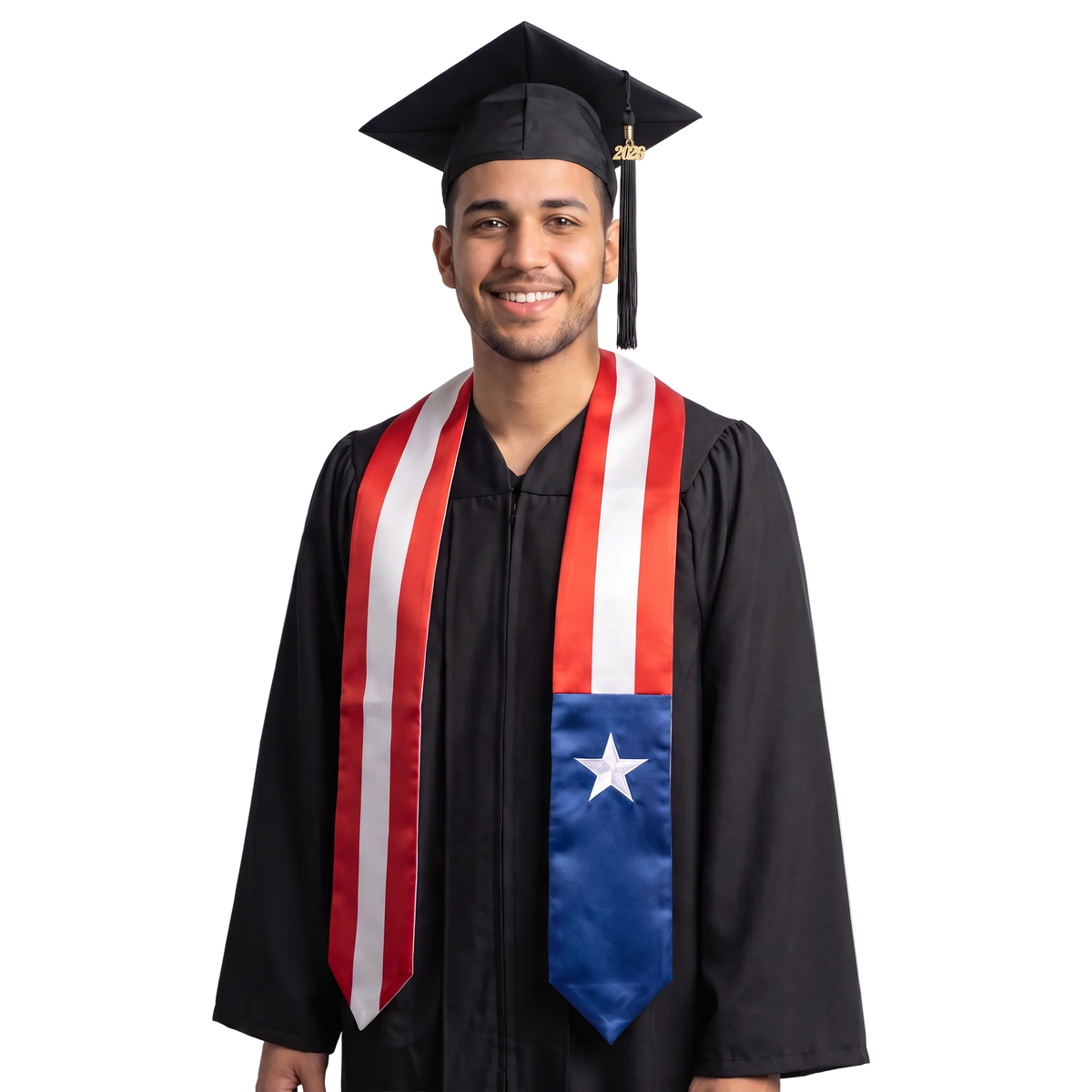 Puerto Rico flag graduation stole with red and white vertical stripes, a blue panel with a white star on one side, and pointed ends.

