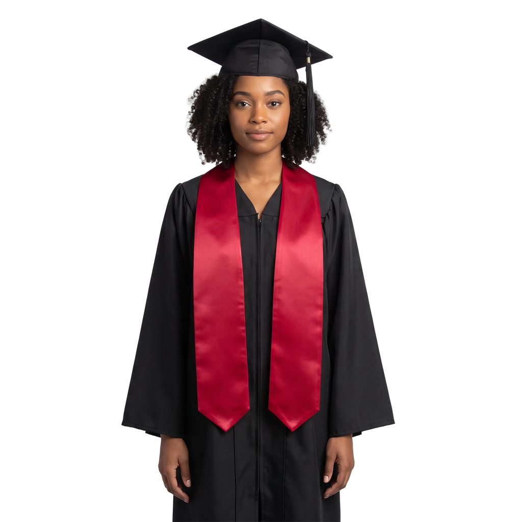 Plain red graduation stole with pointed ends displayed on a wooden hanger against a white background.
