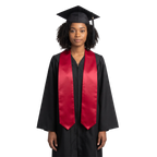 Plain red graduation stole with pointed ends displayed on a wooden hanger against a white background.

