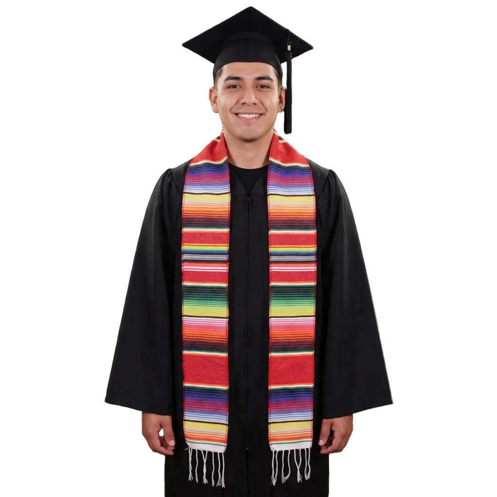 Red Mexican serape graduation stole sash with colorful woven stripes on a black background