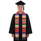 Red Mexican serape graduation stole sash with colorful woven stripes on a black background