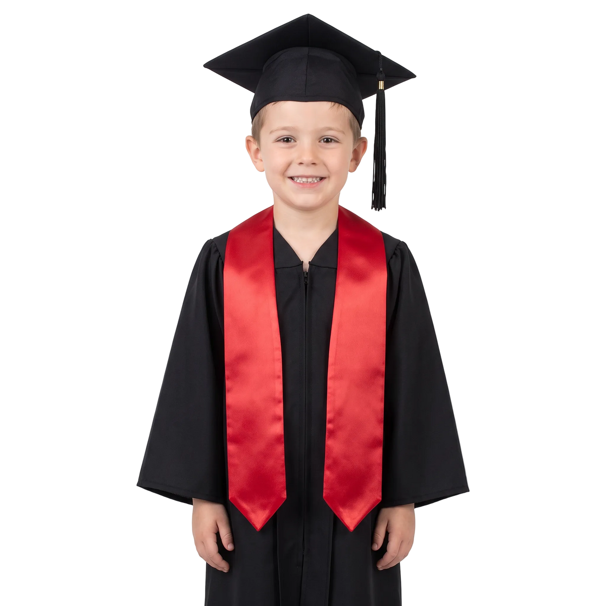 Red satin preschool and kindergarten graduation stole with pointed ends, shown flat against a white background.