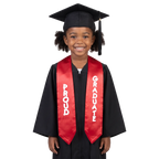 Red satin preschool and kindergarten graduation stole with white “Proud Graduate” lettering and pointed ends on a white background.