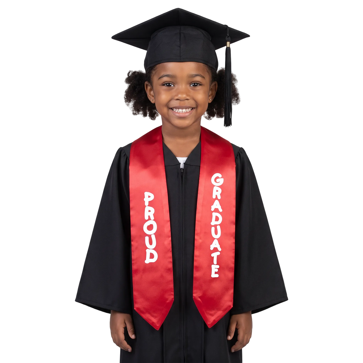 Red satin preschool and kindergarten graduation stole with white “Proud Graduate” lettering and pointed ends on a white background.
