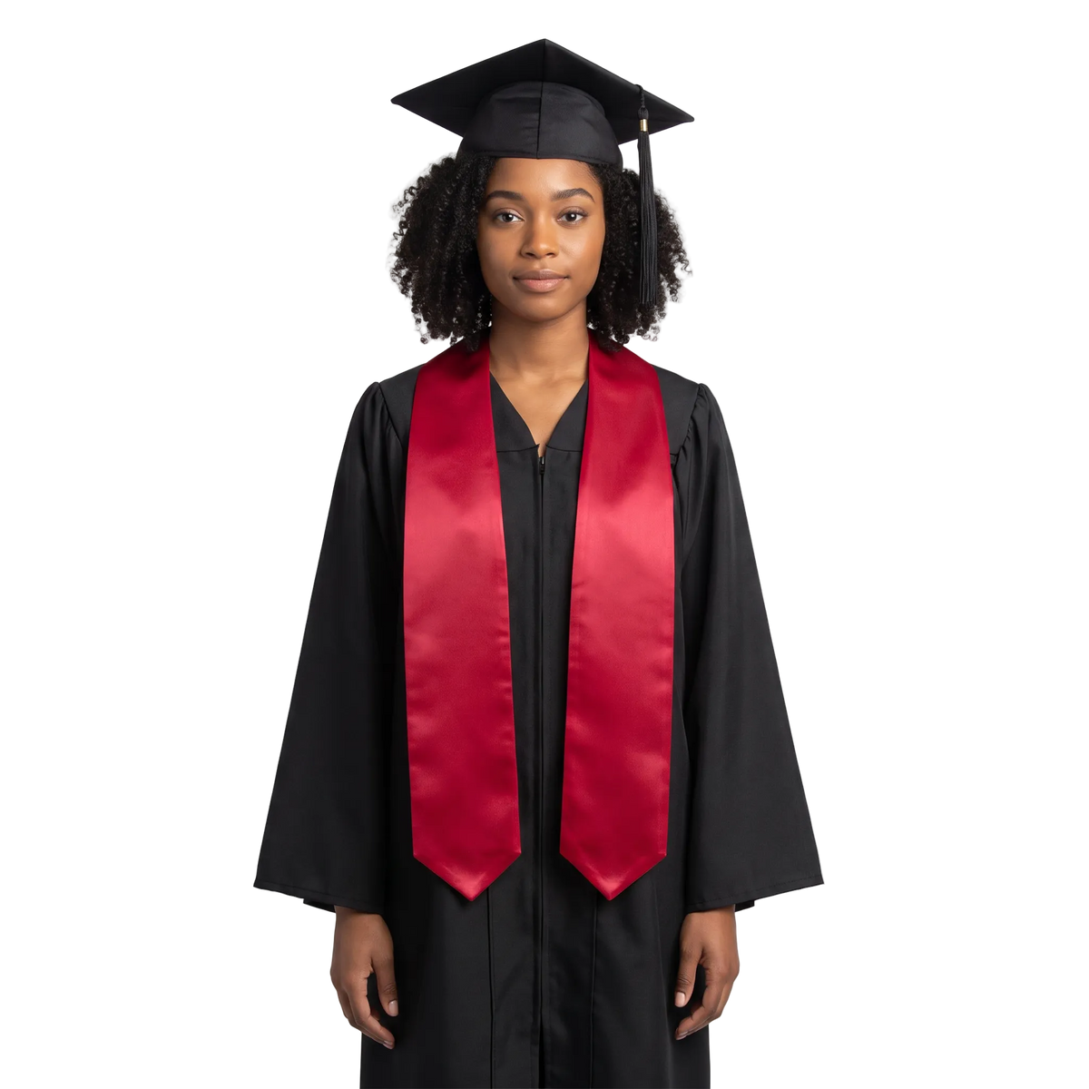 Graduate wearing a plain red university and college graduation stole with pointed ends over a black graduation gown.
