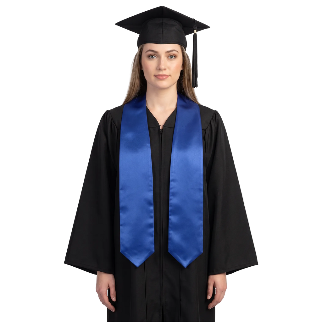 Plain royal blue graduation stole with pointed ends displayed on a wooden hanger against a white background.
