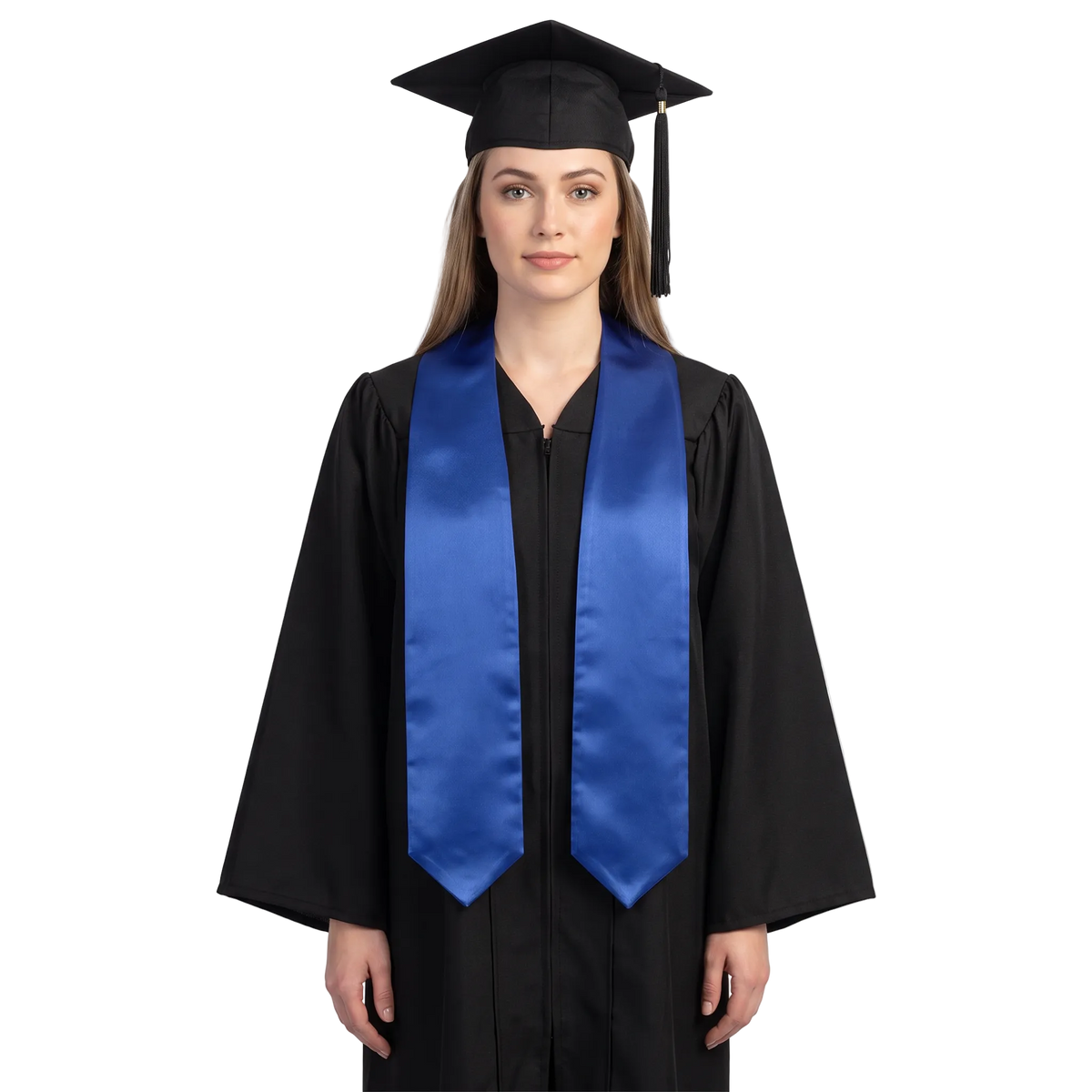 Plain royal blue graduation stole with pointed ends displayed on a wooden hanger against a white background.
