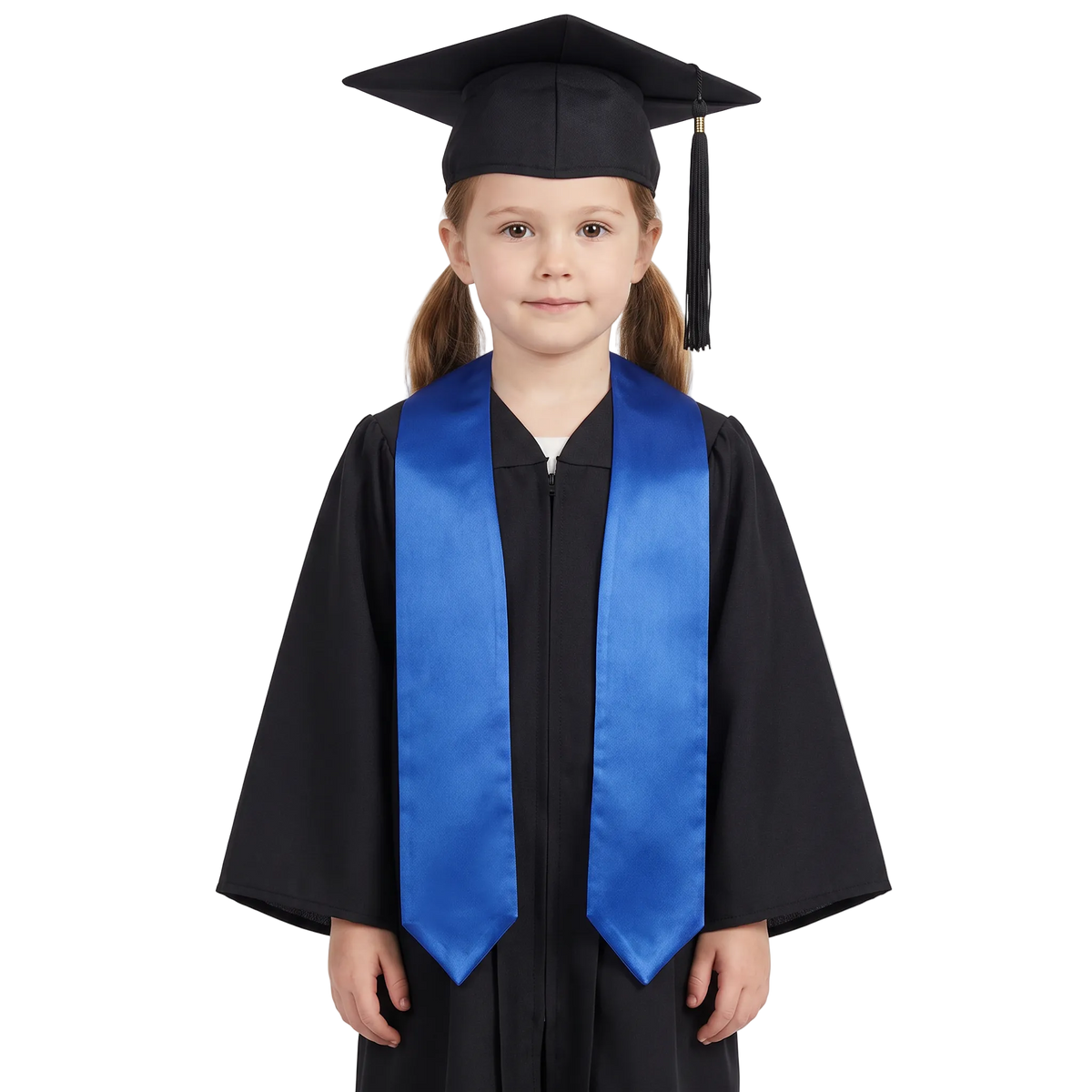 Royal blue satin preschool and kindergarten graduation stole with pointed ends, shown flat against a white background.