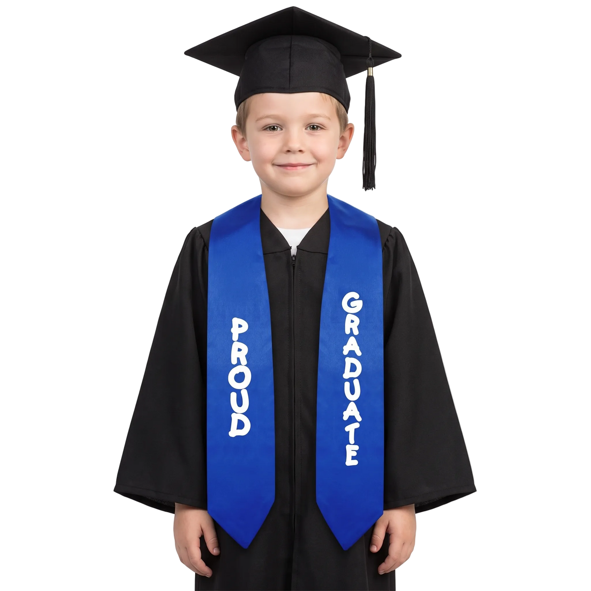 Royal blue satin preschool and kindergarten graduation stole with white “Proud Graduate” lettering and pointed ends on a white background.
