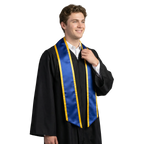 Royal blue graduation stole with gold trim along the edges and slanted ends, shown in a front view.