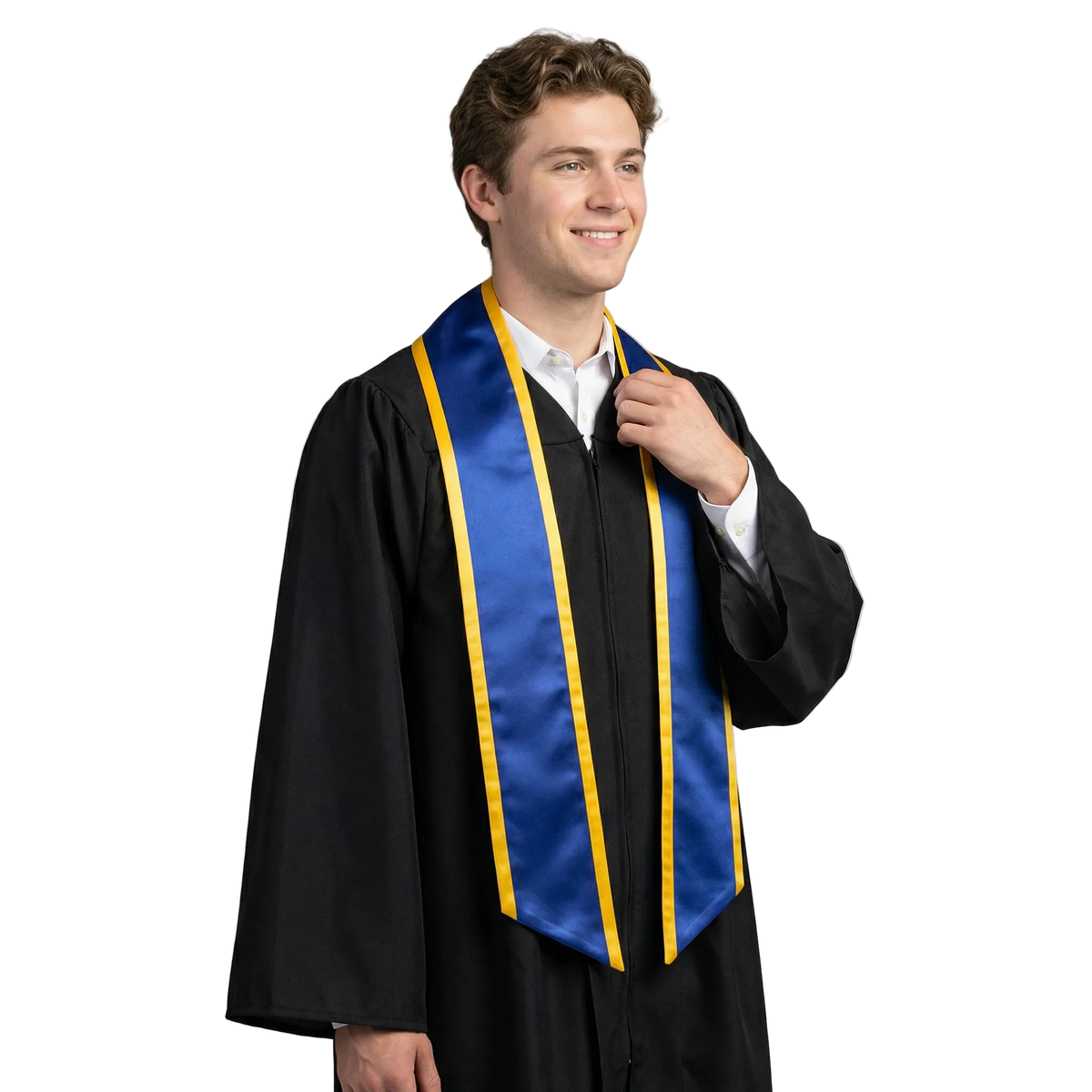 Royal blue graduation stole with gold trim along the edges and slanted ends, shown in a front view.