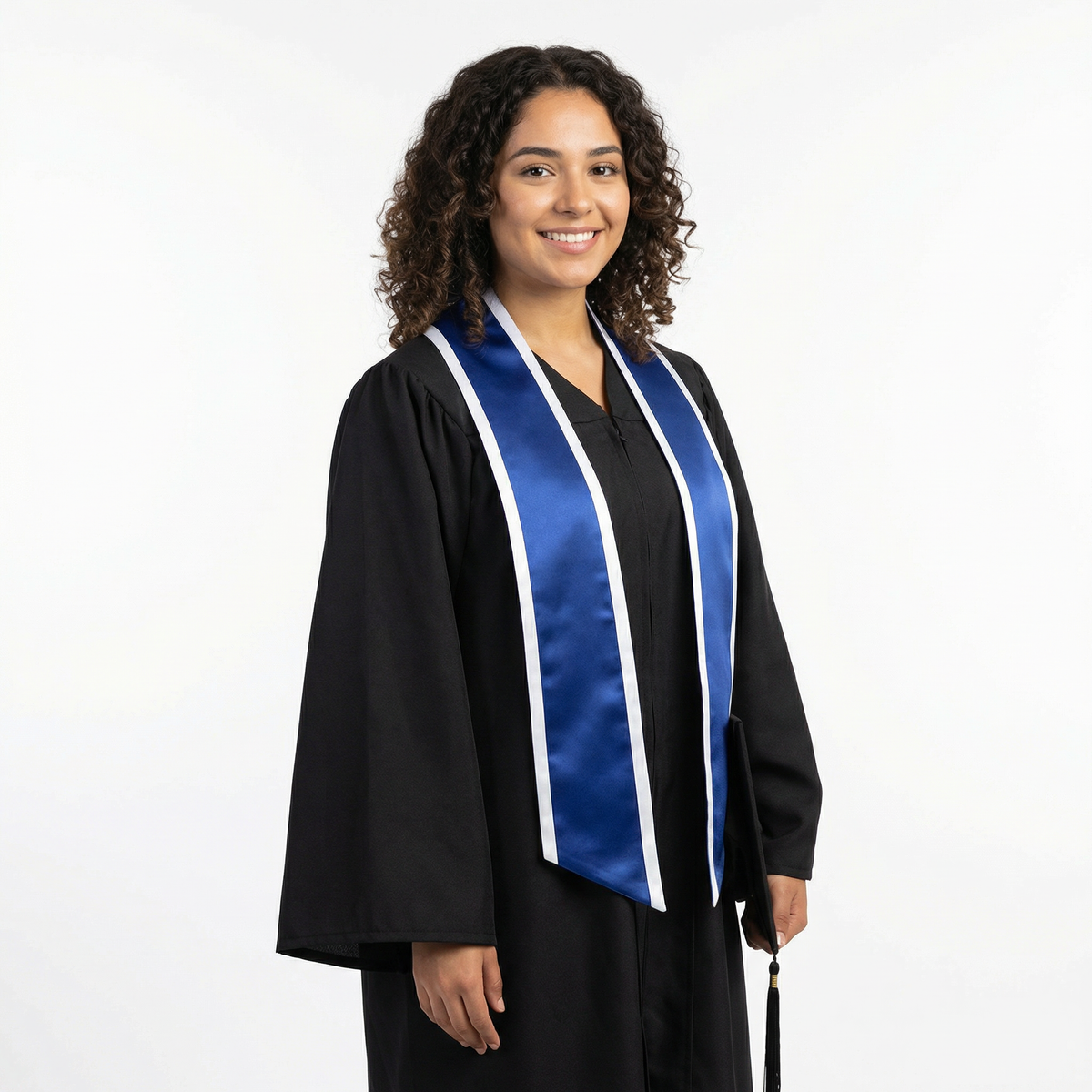 Royal blue graduation stole with white trim along the edges and slanted ends, shown in a front view.