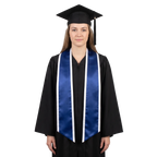 Graduate wearing a royal blue graduation stole with white trim along the edges and slanted ends over a black graduation gown.

