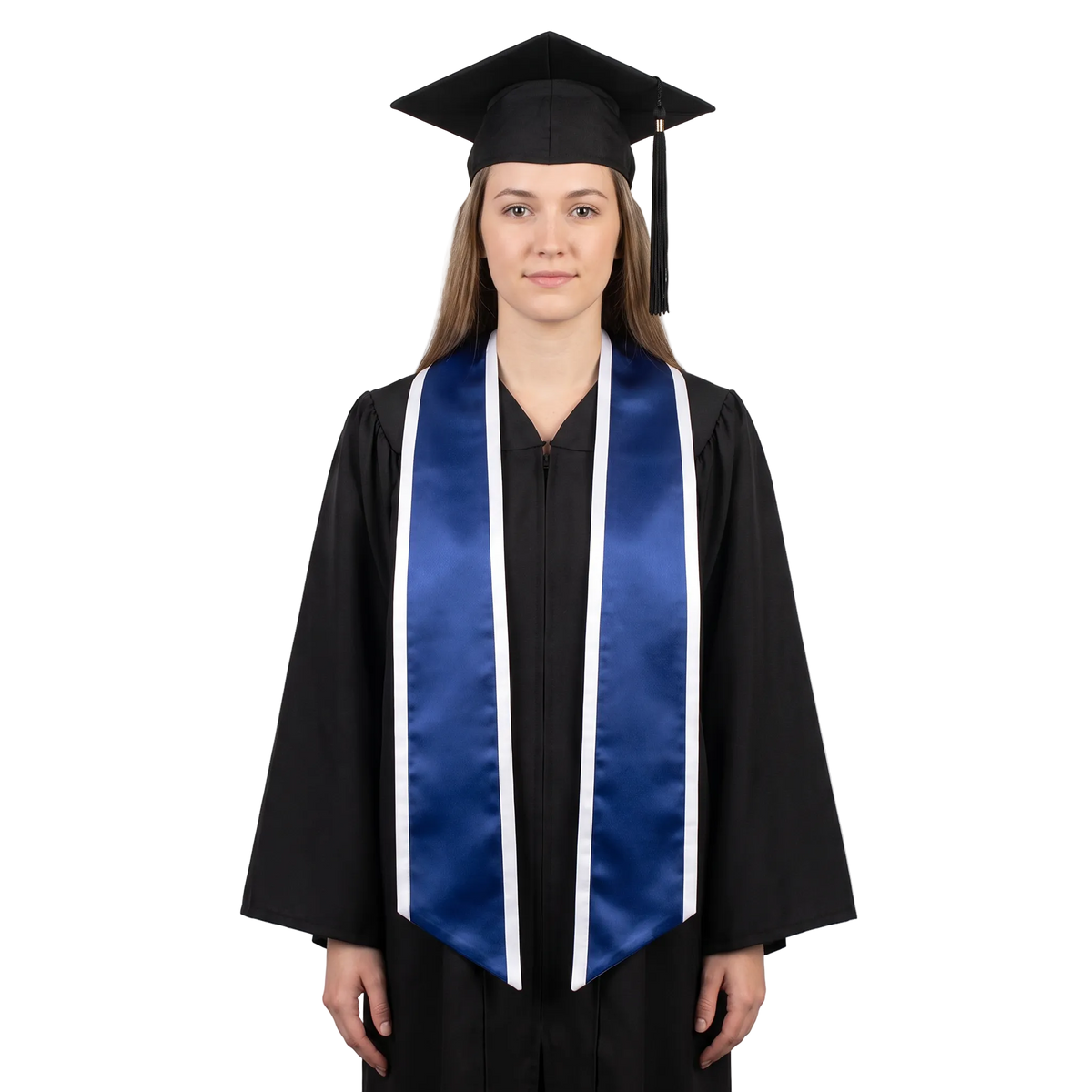 Graduate wearing a royal blue graduation stole with white trim along the edges and slanted ends over a black graduation gown.
