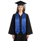 Graduate wearing a plain royal blue university and college graduation stole with pointed ends over a black graduation gown.
