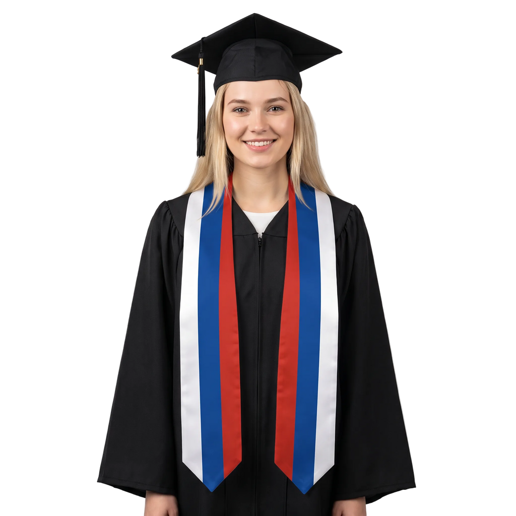 Russia graduation stole with Russian flag design, graduation sash worn over a graduation gown