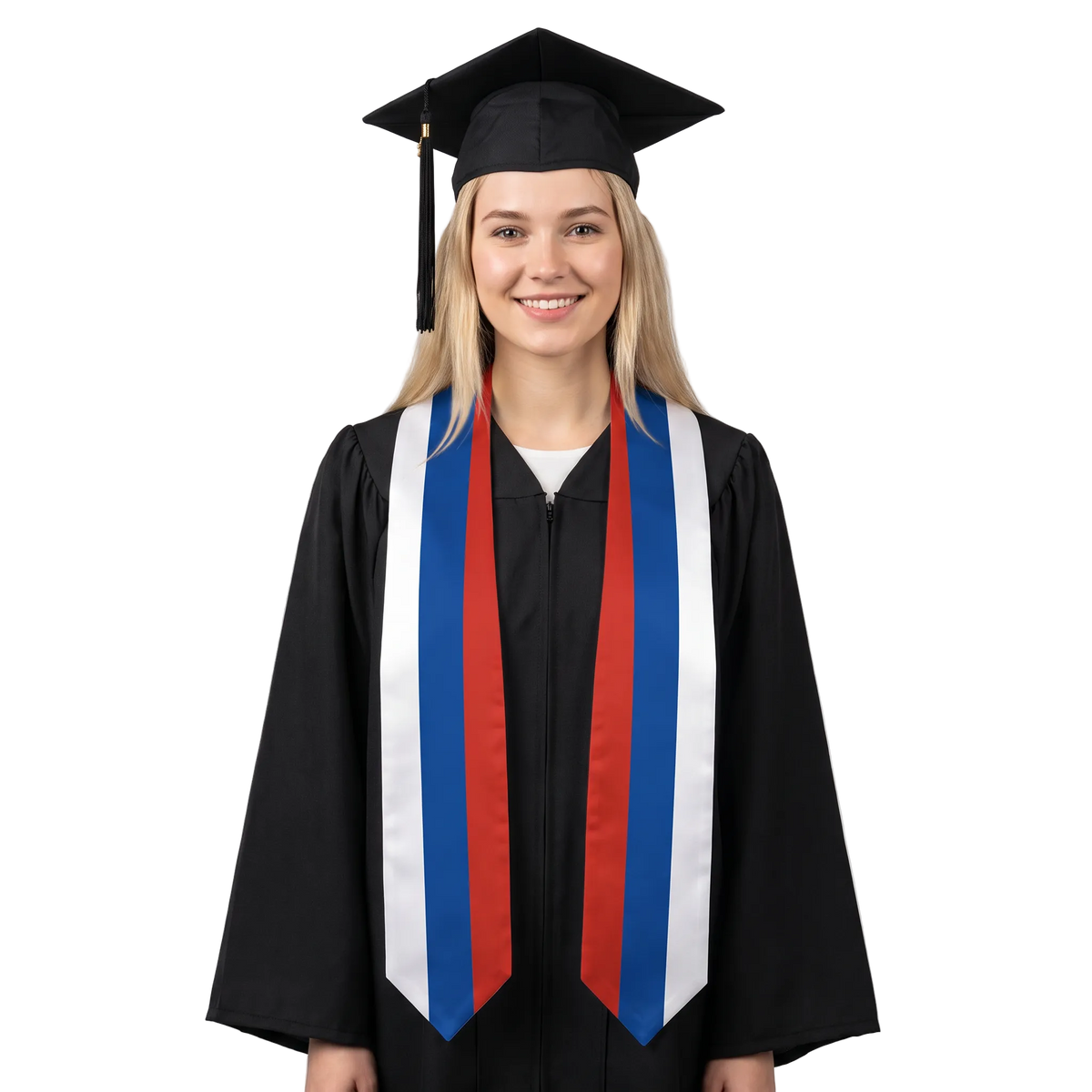 Russia graduation stole with Russian flag design, graduation sash worn over a graduation gown