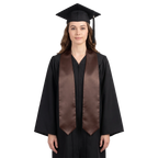 Plain brown graduation stole with pointed ends displayed on a wooden hanger against a white background.
