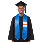 Blue Cape Verde flag graduation stole with red and white horizontal stripes and a circle of ten yellow stars on one side, with pointed ends.
