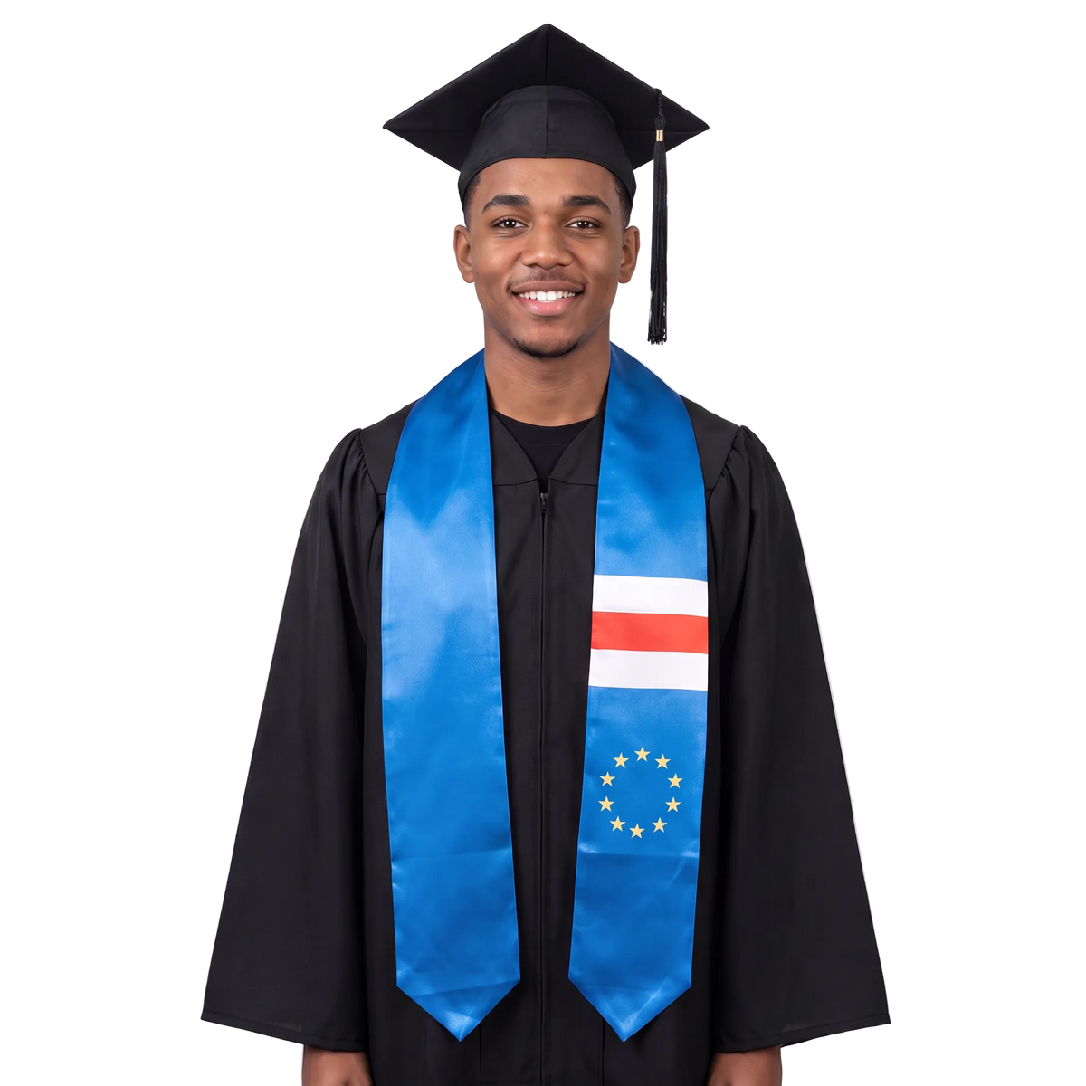 Blue Cape Verde flag graduation stole with red and white horizontal stripes and a circle of ten yellow stars on one side, with pointed ends.
