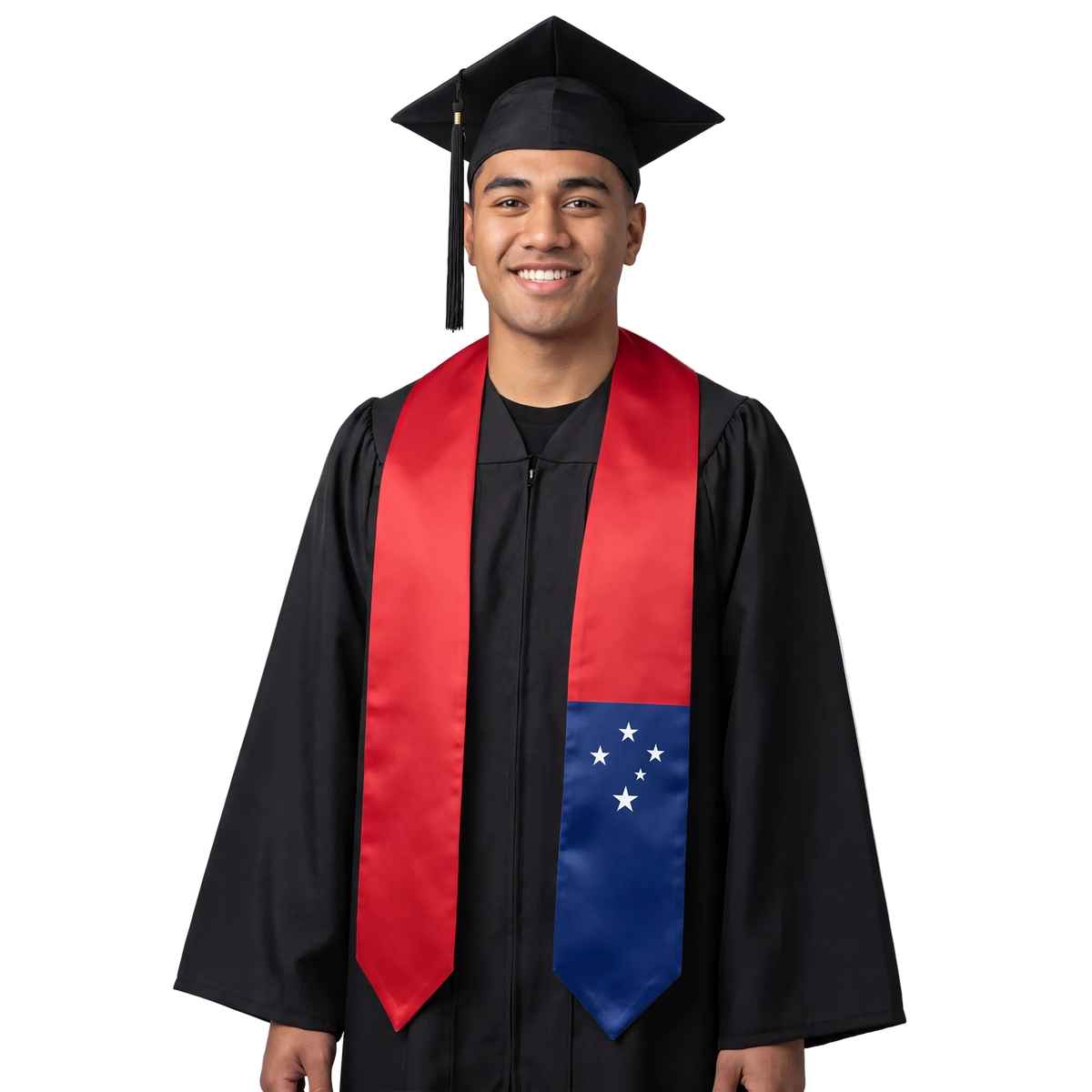 Samoa graduation stole with Samoan flag design, graduation sash worn over a graduation gown