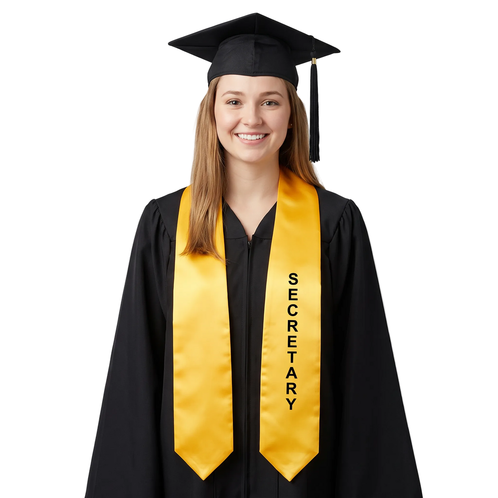 Gold Secretary class officer graduation stole with black printed lettering and pointed ends
