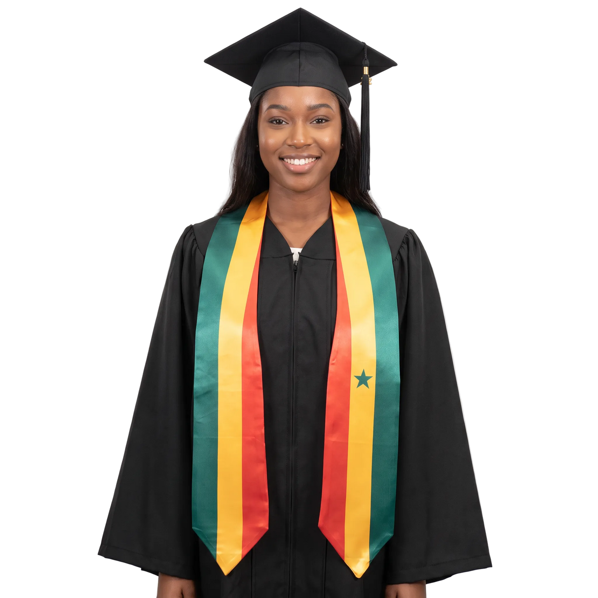 Graduate in a black cap and gown wearing a Senegal flag graduation stole with green, yellow, and red vertical stripes, a green star on one side, and pointed ends.
