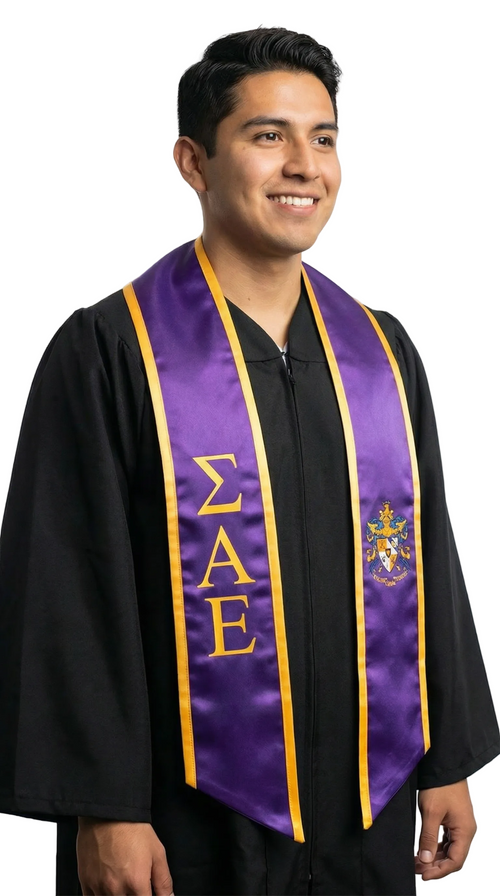 Sigma Alpha Epsilon Trimmed Greek Lettered Graduation Stole w/ Crest - Stoles.com