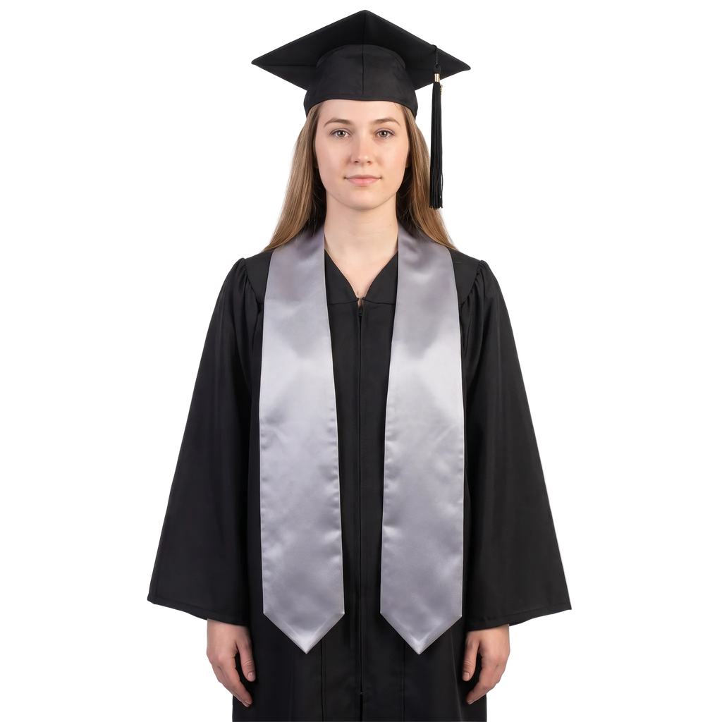 Plain silver graduation stole with pointed ends displayed on a wooden hanger against a white background.

